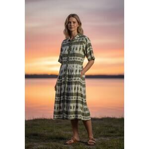 Vintage Roos Atkins for Serbin Shirtwaist Dress Novelty Print Green 60s 70s S/M